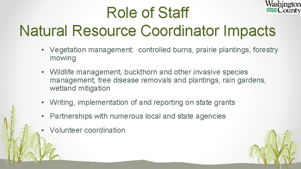 Role of Staff Natural Resource Coordinator Impacts • Vegetation management: controlled burns, prairie plantings,