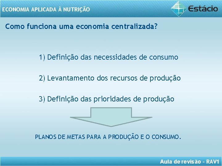 ECONOMIA APLICADA À NUTRIÇÃO Como funciona uma economia centralizada? 1) Definição das necessidades de