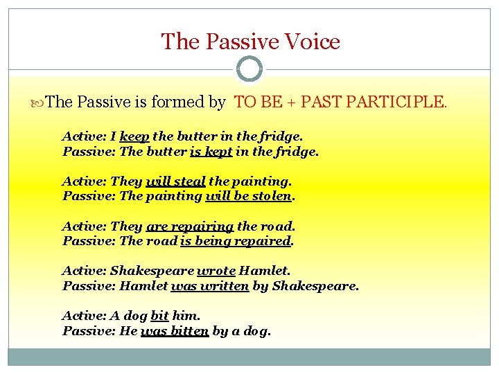 The Passive Voice The Passive is formed by TO BE + PAST PARTICIPLE. Active: