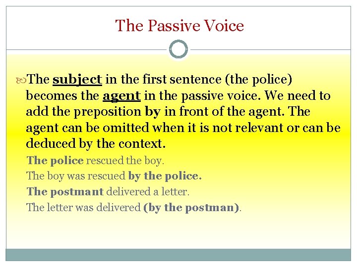 The Passive Voice The subject in the first sentence (the police) becomes the agent