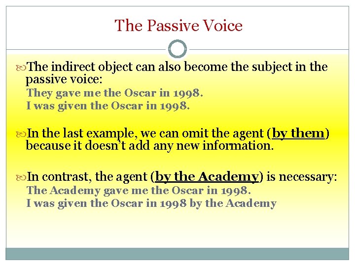 The Passive Voice The indirect object can also become the subject in the passive
