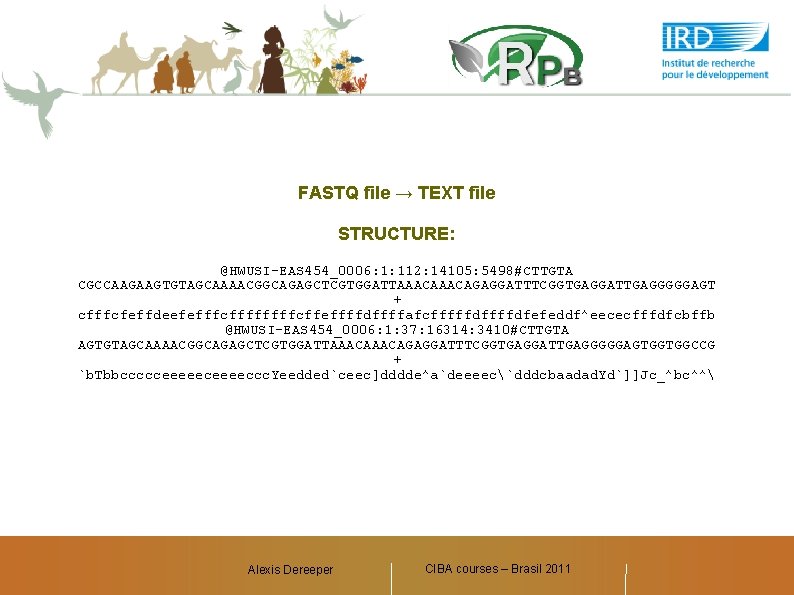 FASTQ file → TEXT file STRUCTURE: @HWUSI-EAS 454_0006: 1: 112: 14105: 5498#CTTGTA CGCCAAGAAGTGTAGCAAAACGGCAGAGCTCGTGGATTAAACAGAGGATTTCGGTGAGGATTGAGGGGGAGT +