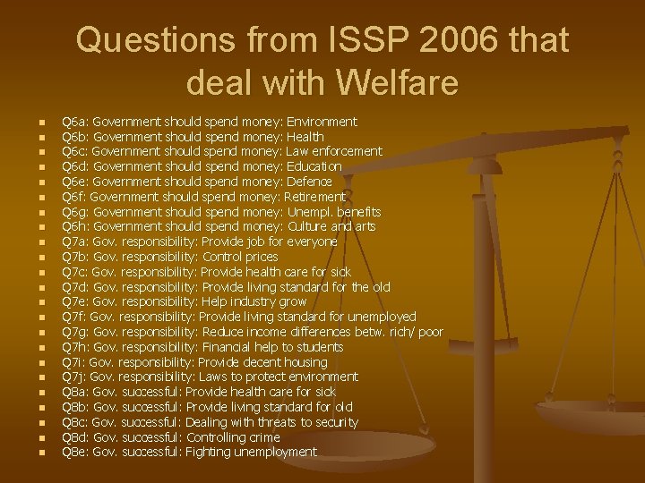 Questions from ISSP 2006 that deal with Welfare n n n n n n