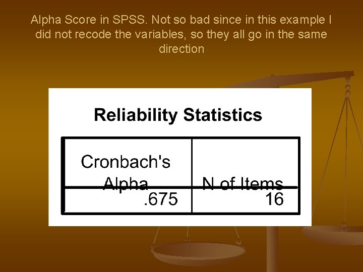 Alpha Score in SPSS. Not so bad since in this example I did not