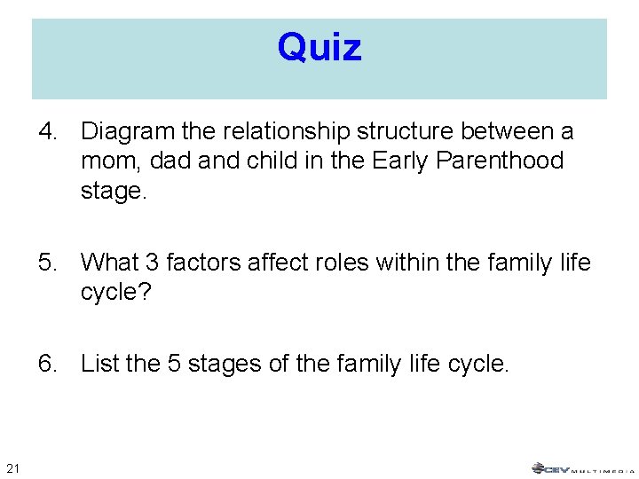 Quiz 4. Diagram the relationship structure between a mom, dad and child in the