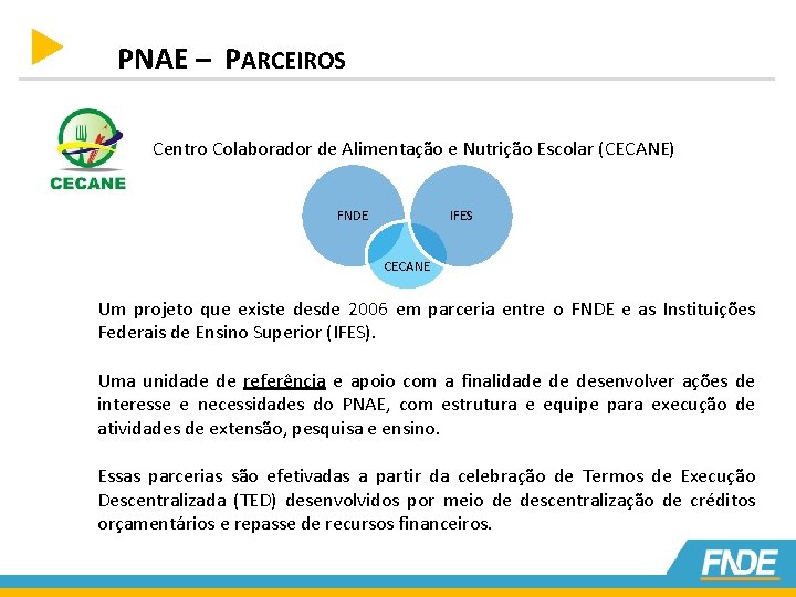 PNAE – PARCEIROS Centro Colaborador de Alimentação e Nutrição Escolar (CECANE) FNDE IFES CECANE