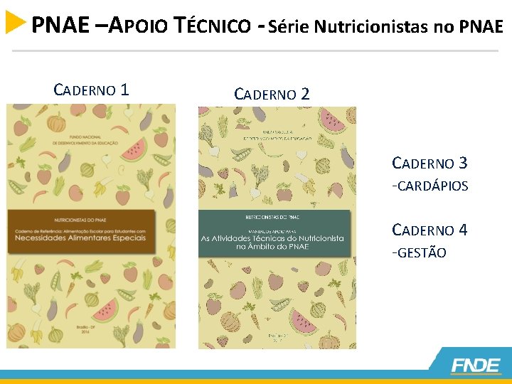 PNAE –APOIO TÉCNICO - Série Nutricionistas no PNAE CADERNO 1 CADERNO 2 CADERNO 3