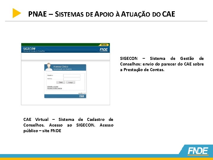 PNAE – SISTEMAS DE APOIO À ATUAÇÃO DO CAE SIGECON – Sistema de Gestão