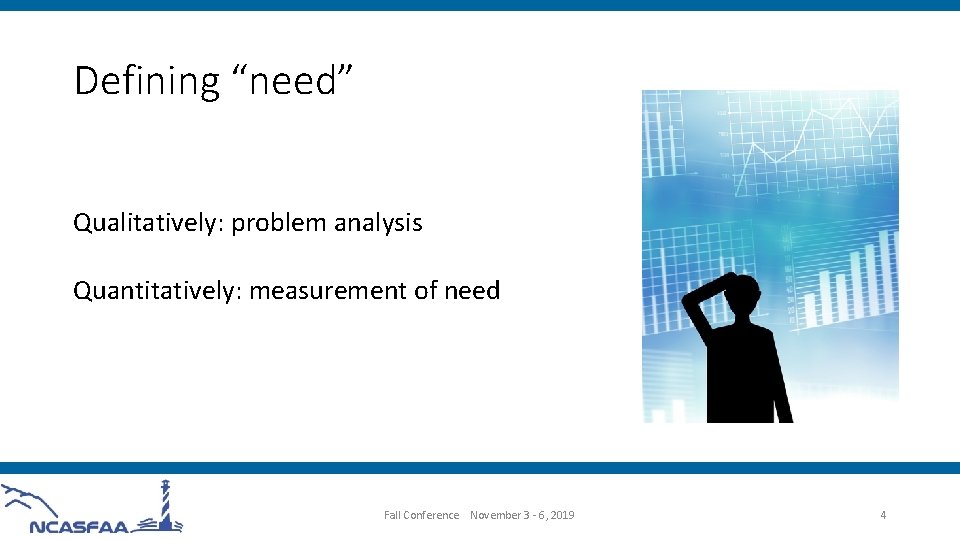 Defining “need” Qualitatively: problem analysis Quantitatively: measurement of need Fall Conference November 3 -