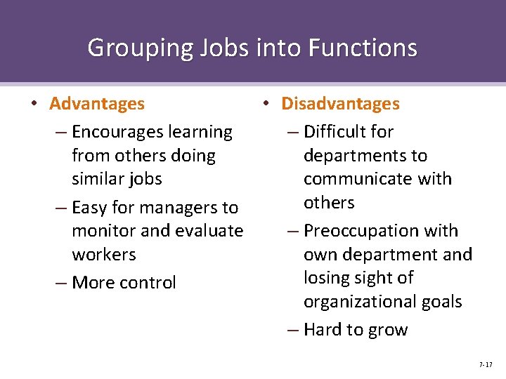 Grouping Jobs into Functions • Advantages • Disadvantages – Encourages learning – Difficult for