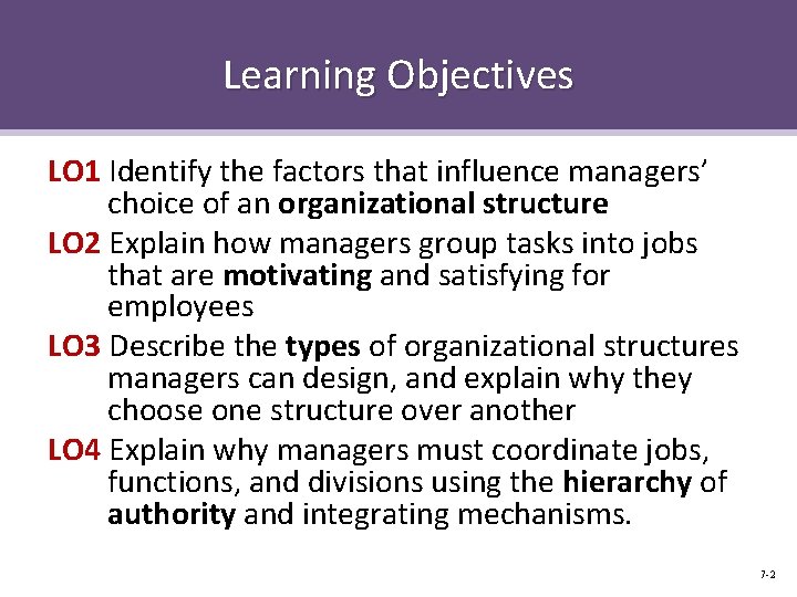 Learning Objectives LO 1 Identify the factors that influence managers’ choice of an organizational