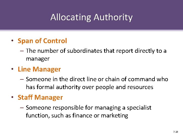 Allocating Authority • Span of Control – The number of subordinates that report directly