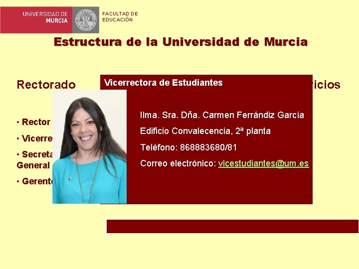 FACULTAD DE EDUCACIÓN Estructura de la Universidad de Murcia Rectorado • Rector • Vicerrectores