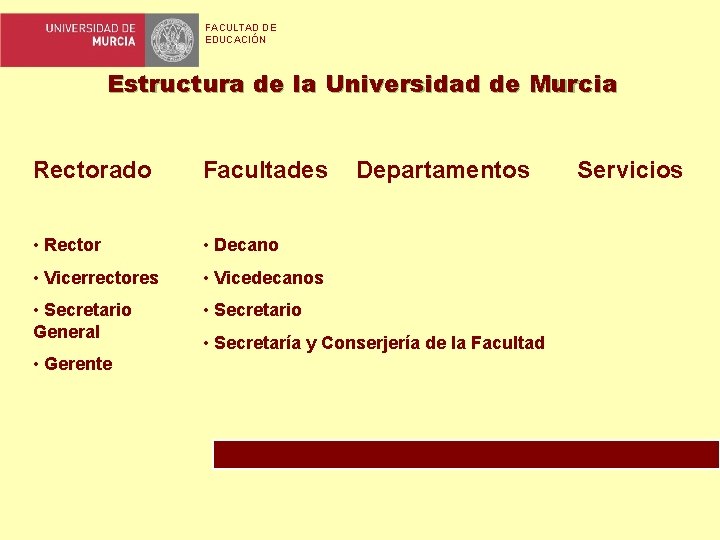 FACULTAD DE EDUCACIÓN Estructura de la Universidad de Murcia Rectorado Facultades • Rector •