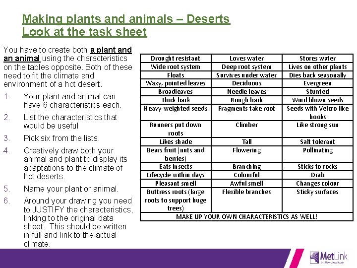 Making plants and animals – Deserts Look at the task sheet You have to