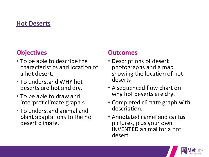 Hot Deserts Objectives Outcomes • To be able to describe the characteristics and location