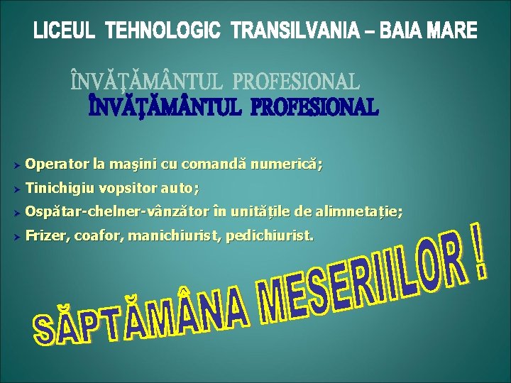 Ø Operator la maşini cu comandă numerică; Ø Tinichigiu vopsitor auto; Ø Ospătar-chelner-vânzător în