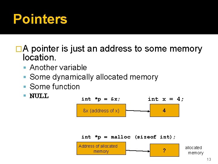 Pointers �A pointer is just an address to some memory location. Another variable Some