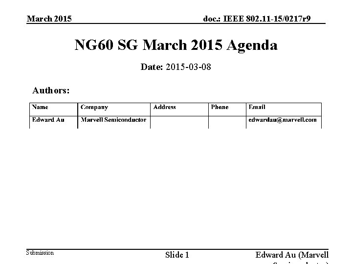 doc. : IEEE 802. 11 -15/0217 r 9 March 2015 NG 60 SG March