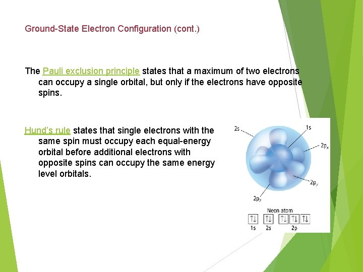Ground-State Electron Configuration (cont. ) The Pauli exclusion principle states that a maximum of