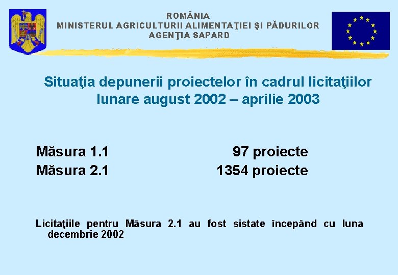 ROM NIA MINISTERUL AGRICULTURII ALIMENTAŢIEI ŞI PĂDURILOR AGENŢIA SAPARD Situaţia depunerii proiectelor în cadrul