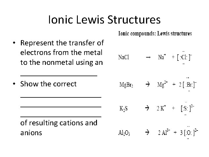 Ionic Lewis Structures • Represent the transfer of electrons from the metal to the