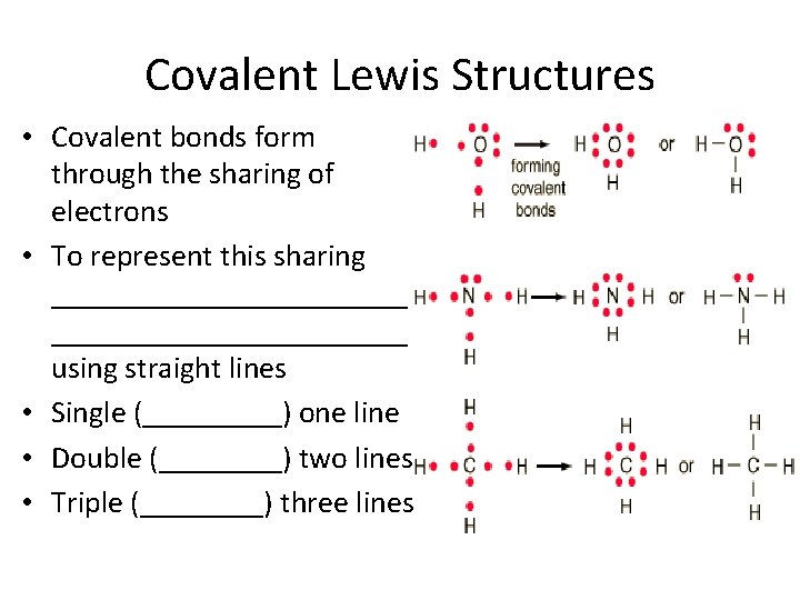Covalent Lewis Structures • Covalent bonds form through the sharing of electrons • To