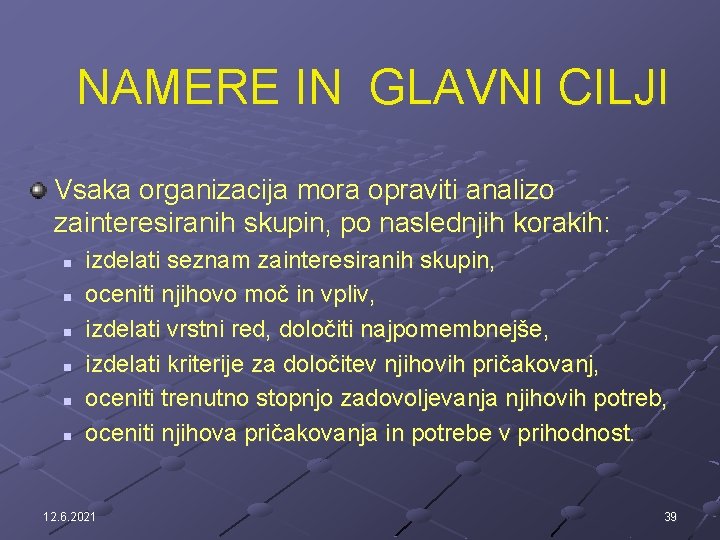 NAMERE IN GLAVNI CILJI Vsaka organizacija mora opraviti analizo zainteresiranih skupin, po naslednjih korakih: