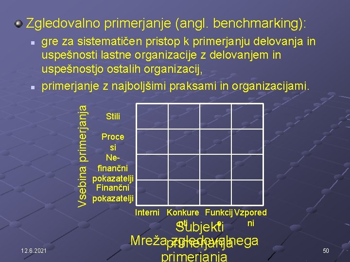 Zgledovalno primerjanje (angl. benchmarking): n Vsebina primerjanja n gre za sistematičen pristop k primerjanju