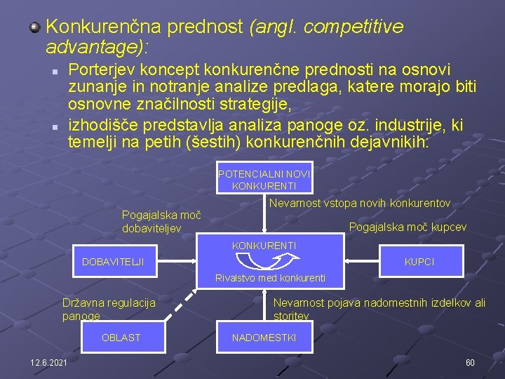 Konkurenčna prednost (angl. competitive advantage): n n Porterjev koncept konkurenčne prednosti na osnovi zunanje