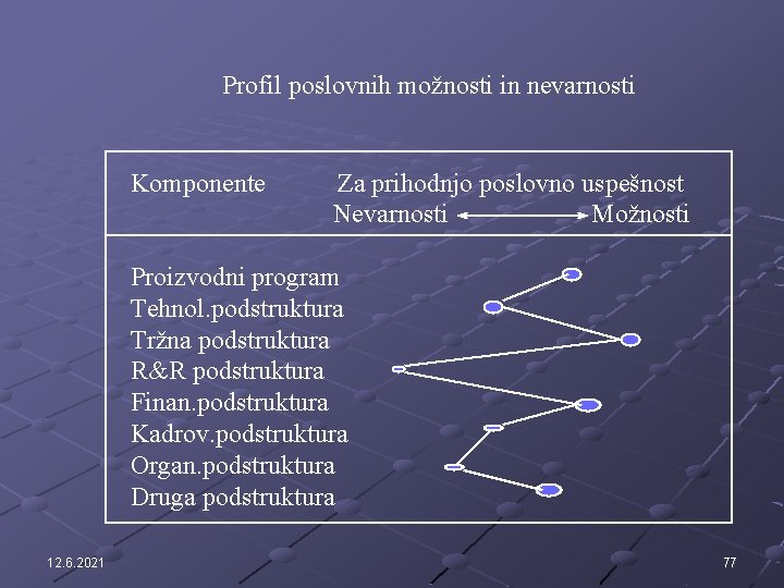 Profil poslovnih možnosti in nevarnosti Komponente Za prihodnjo poslovno uspešnost Nevarnosti Možnosti Proizvodni program