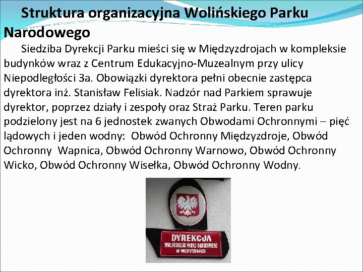 Struktura organizacyjna Wolińskiego Parku Narodowego Siedziba Dyrekcji Parku mieści się w Międzyzdrojach w kompleksie