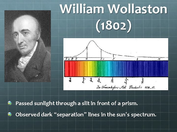 William Wollaston (1802) Passed sunlight through a slit in front of a prism. Observed