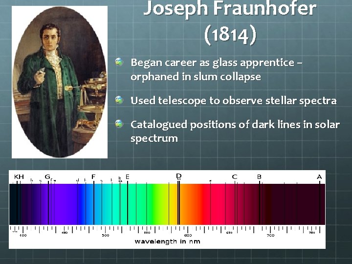 Joseph Fraunhofer (1814) Began career as glass apprentice – orphaned in slum collapse Used