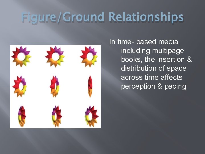 Figure/Ground Relationships In time- based media including multipage books, the insertion & distribution of
