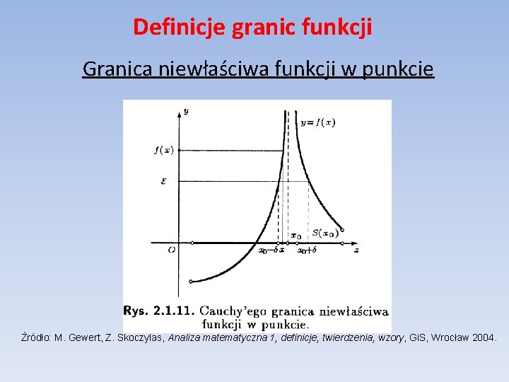 Definicje granic funkcji Granica niewłaściwa funkcji w punkcie Źródło: M. Gewert, Z. Skoczylas, Analiza