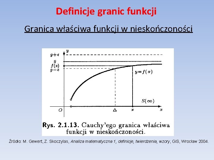 Definicje granic funkcji Granica właściwa funkcji w nieskończoności Źródło: M. Gewert, Z. Skoczylas, Analiza