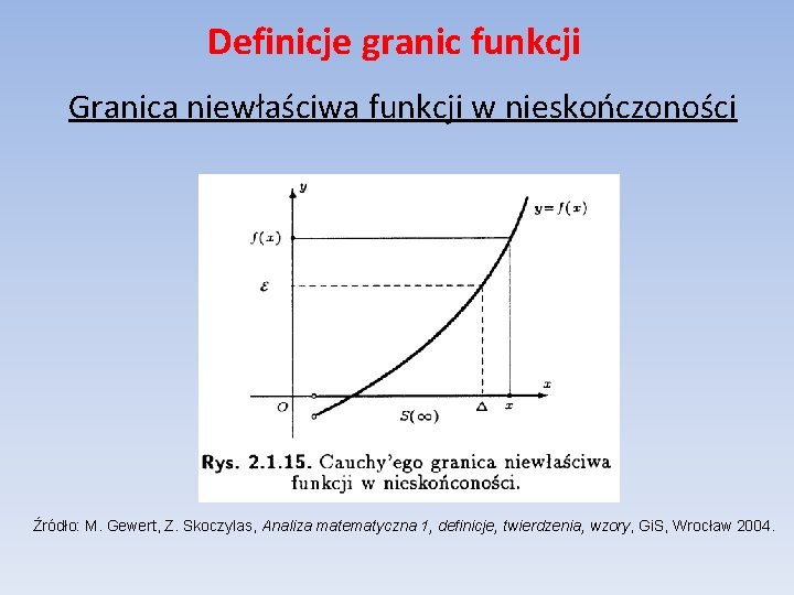 Definicje granic funkcji Granica niewłaściwa funkcji w nieskończoności Źródło: M. Gewert, Z. Skoczylas, Analiza