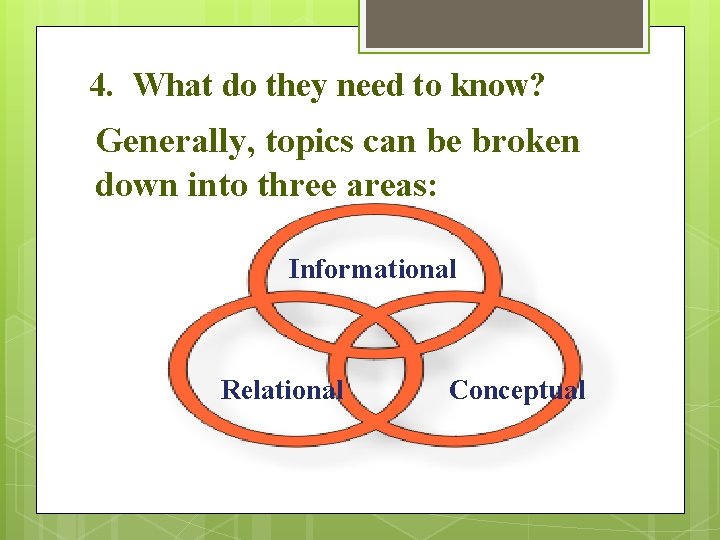 4. What do they need to know? Generally, topics can be broken down into