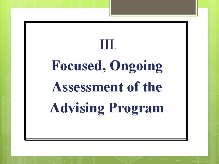 III. Focused, Ongoing Assessment of the Advising Program 