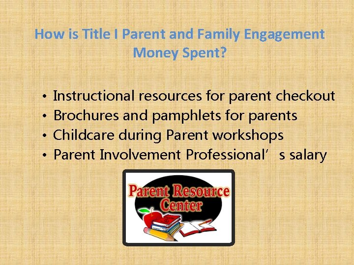 How is Title I Parent and Family Engagement Money Spent? • • Instructional resources How is Title I Parent and Family Engagement Money Spent? • • Instructional resources