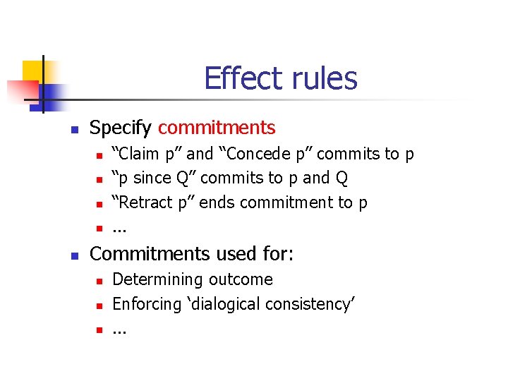 Effect rules n Specify commitments n n n “Claim p” and “Concede p” commits