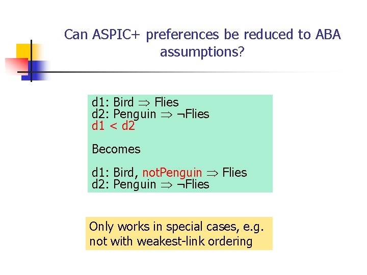 Can ASPIC+ preferences be reduced to ABA assumptions? d 1: Bird Flies d 2: