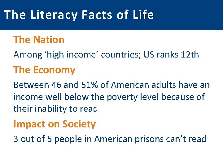 The Literacy Facts of Life The Nation Among ‘high income’ countries; US ranks 12