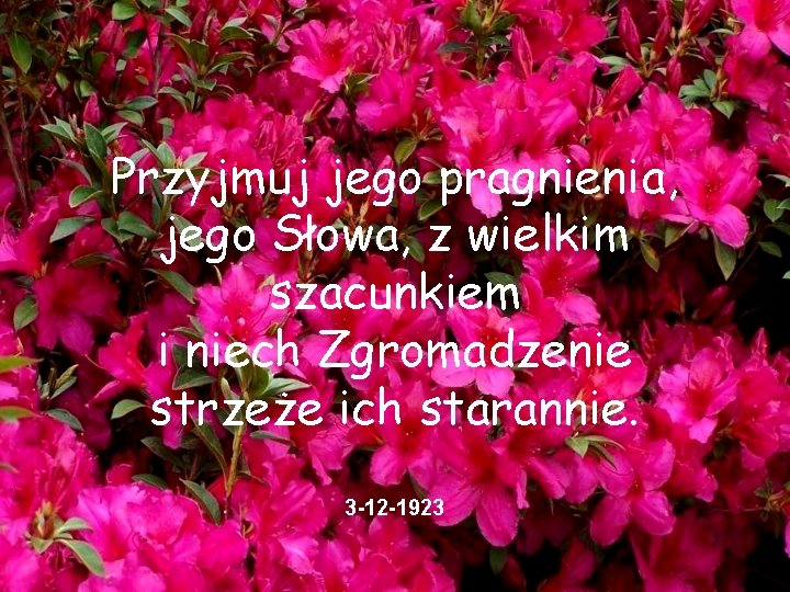 Przyjmuj jego pragnienia, jego Słowa, z wielkim szacunkiem i niech Zgromadzenie strzeże ich starannie.