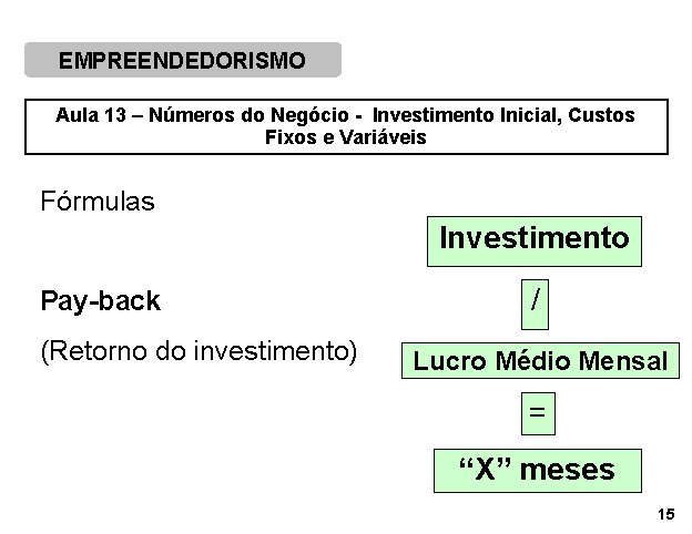 EMPREENDEDORISMO Aula 13 – Números do Negócio - Investimento Inicial, Custos Fixos e Variáveis