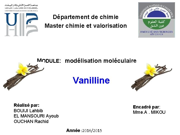 Département de chimie Master chimie et valorisation MODULE: modélisation moléculaire Vanilline Réalisé par: BOUIJI Département de chimie Master chimie et valorisation MODULE: modélisation moléculaire Vanilline Réalisé par: BOUIJI