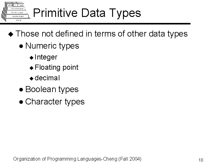 Primitive Data Types u Those not defined in terms of other data types l