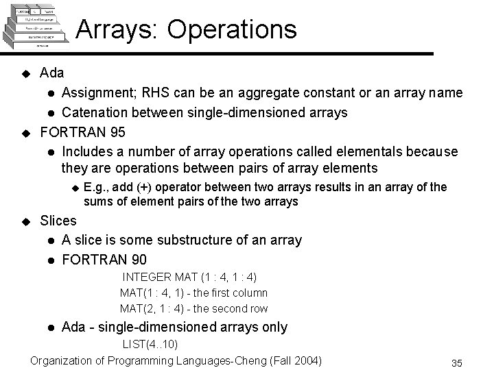 Arrays: Operations u u Ada l Assignment; RHS can be an aggregate constant or