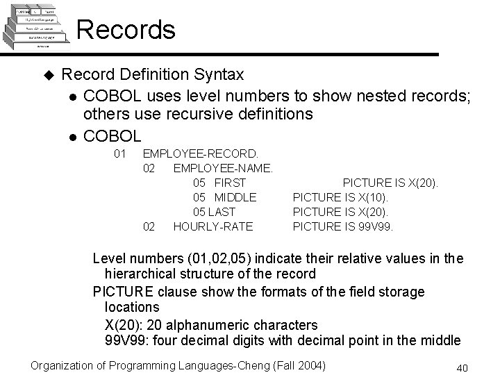 Records u Record Definition Syntax l COBOL uses level numbers to show nested records;